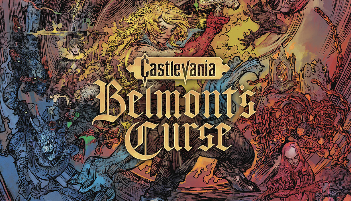 Castlevania: Belmont's Curse key art showing Rose Belmont surrounded by monsters, with the game's gothic logo