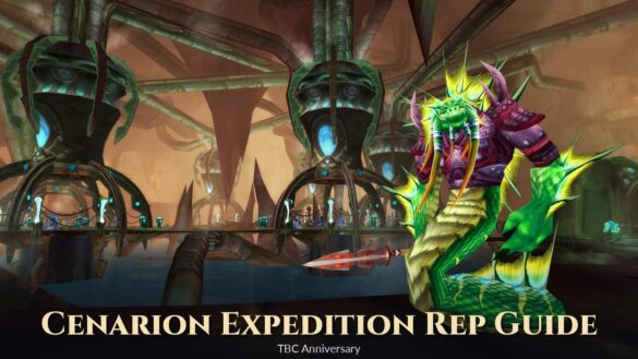 A naga warrior with a spear inside the pipe halls of Coilfang Reservoir, with the title Cenarion Expedition Rep Guide