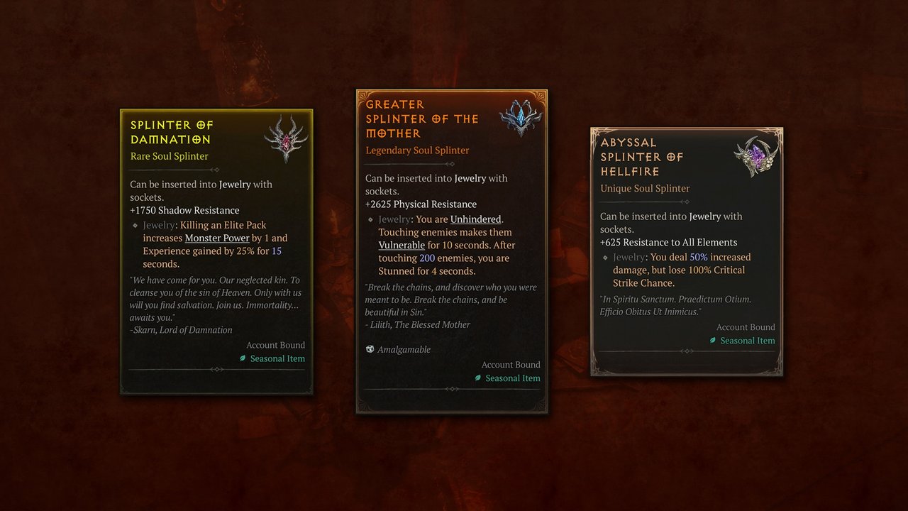 Three Diablo 4 Soul Splinter tooltips: Splinter of Damnation, Greater Splinter of the Mother and Abyssal Splinter of Hellfire