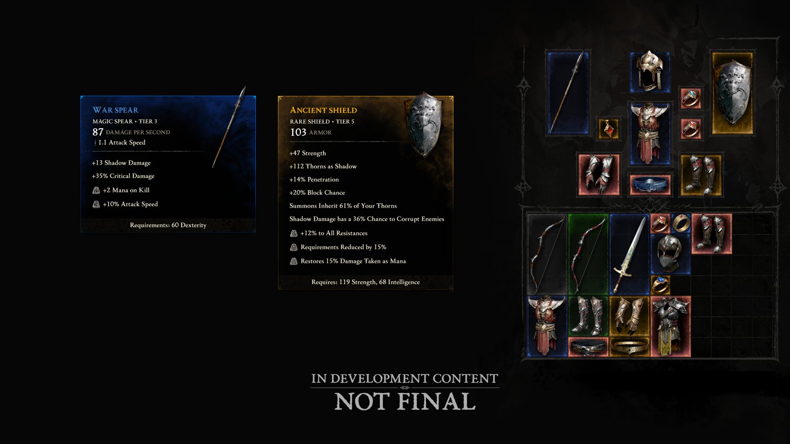 Diablo V in-development item tooltips for a War Spear and an Ancient Shield with stat requirements, next to a grid inventory where bows and armor take up multiple slots