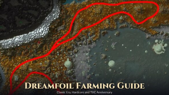 In-game map of Azshara with a red Dreamfoil farming route, with the title Dreamfoil Farming Guide