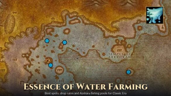 In-game map of the Bay of Storms in Azshara with the Patch of Elemental Water fishing spots marked, and the Essence of Water item icon