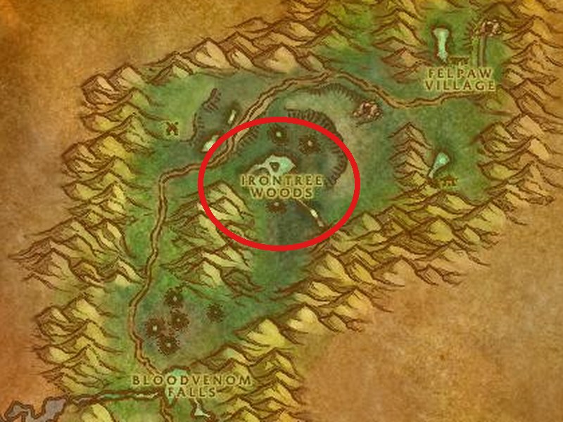 Felwood world map with Irontree Woods circled, where Toxic Horrors drop Essence of Water