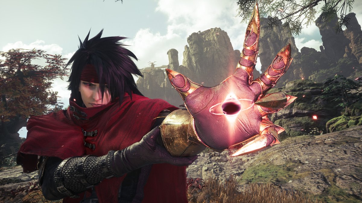 Final Fantasy VII Revelation screenshot of Vincent Valentine raising his golden gauntlet