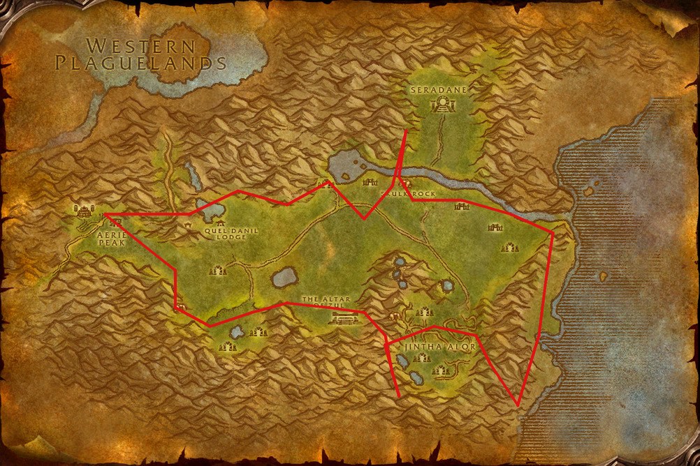 The Hinterlands world map with a red Mithril farming loop from Aerie Peak past the Altar of Zul, Jintha'Alor, the east coast and Skulk Rock