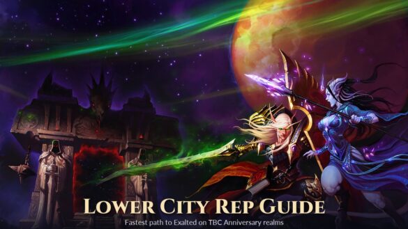 The Burning Crusade Classic key art with a blood elf and a draenei at the Dark Portal, with the title Lower City Rep Guide