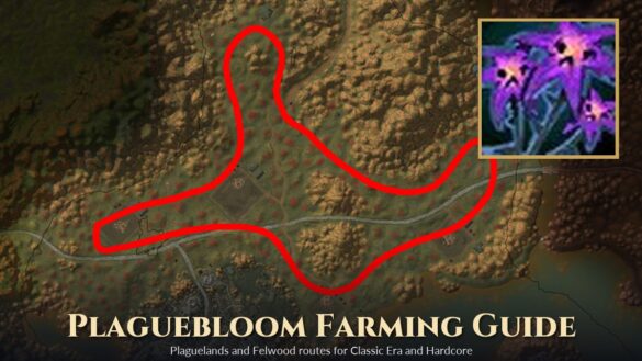 In-game map of the Western Plaguelands fields with a red Plaguebloom farming route and the Plaguebloom herb icon