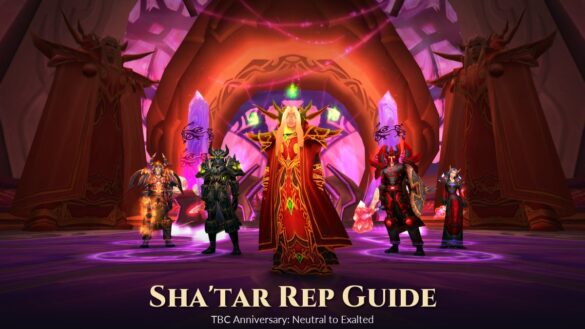 Kael'thas Sunstrider and his advisors inside Tempest Keep, with the title Sha'tar Rep Guide