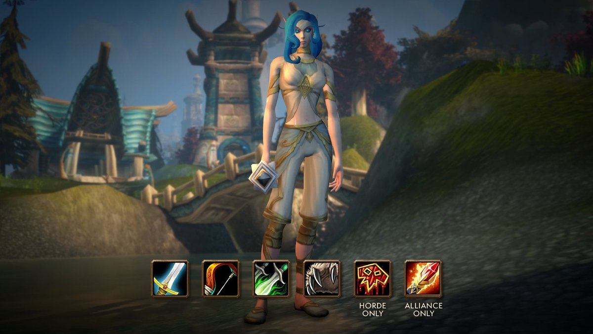 A blue-haired Skyborne woman above six class icons: warrior, hunter, rogue, druid, shaman marked Horde only and mage marked Alliance only