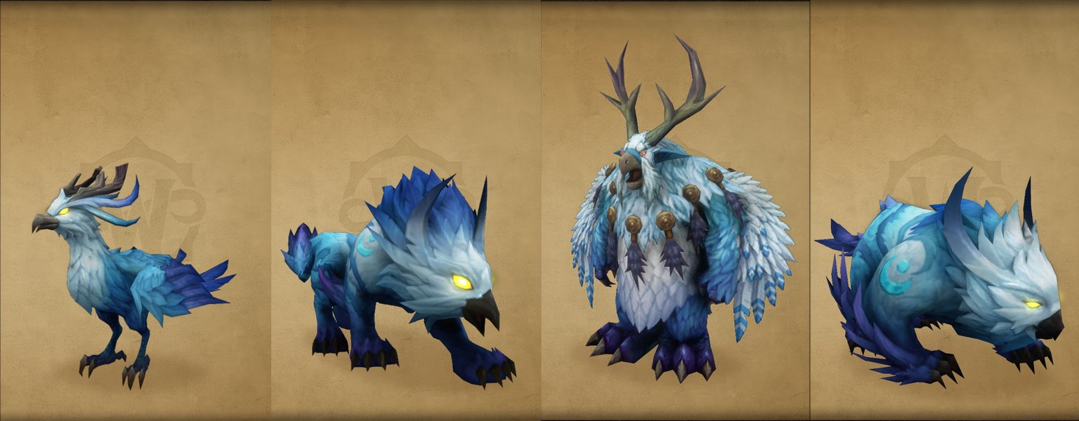 Four blue and white feathered Skyborne druid forms: a crested bird, a cat, an antlered moonkin and a bear