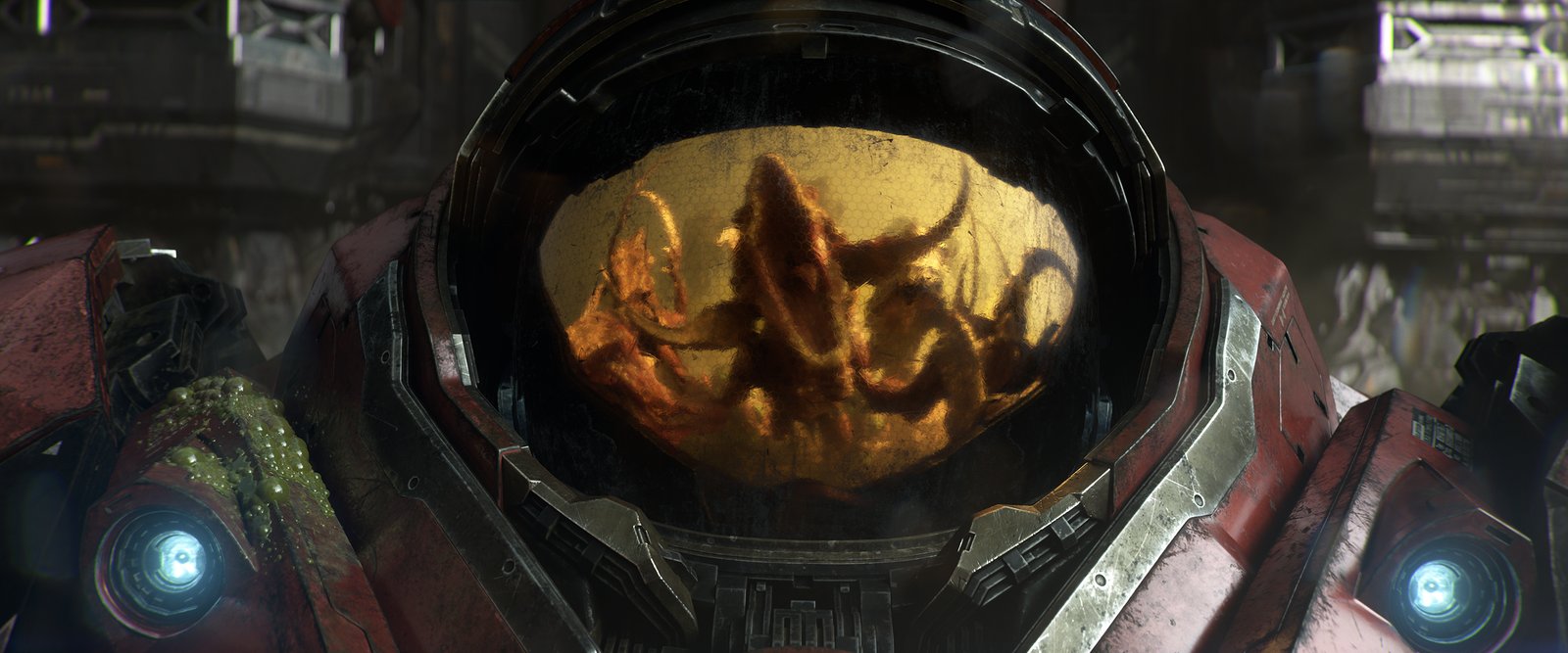 Close-up of a Terran Marine in red armor with a Zerg creature reflected in his gold helmet visor