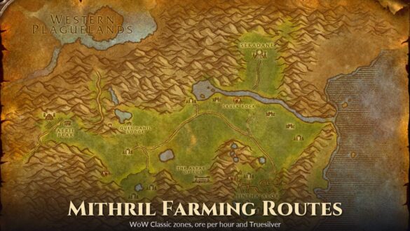 The in-game world map of The Hinterlands in WoW Classic with the title Mithril Farming Routes