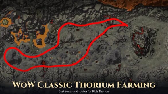 Burning Steppes map with a red Thorium mining route and the title WoW Classic Thorium Farming