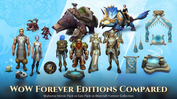 Official WoW Forever edition rewards: bear and Prideclaw mounts, Skyborne transmog sets, pets and housing decor, with the title WoW Forever Editions Compared