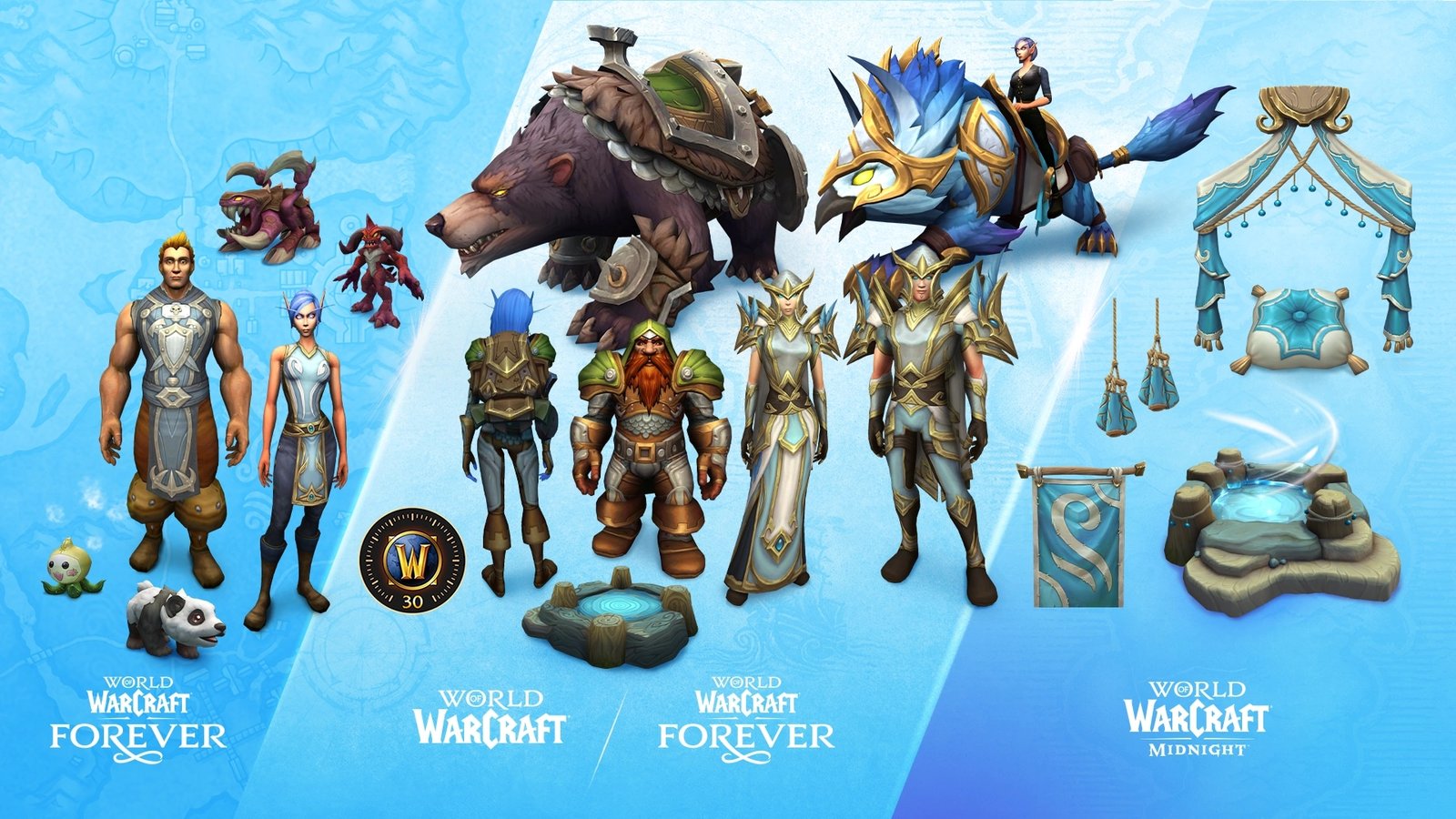 Official Blizzard image of WoW Forever edition rewards grouped by game: pets and tabards for Forever, mounts, transmog, toy and Game Time for both, housing decor for Midnight