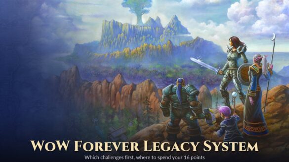 Painted World of Warcraft: Forever art of a dwarf, a gnome, a human warrior and a night elf looking out over mountains toward a giant tree