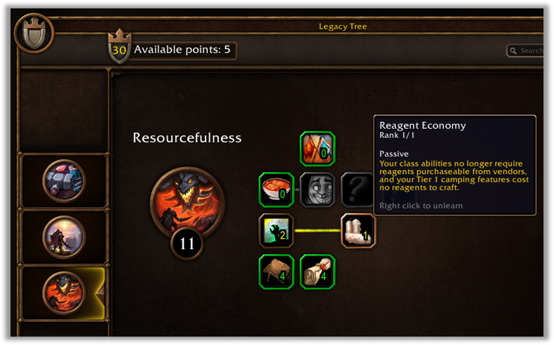 WoW Forever Legacy Tree window showing the Resourcefulness tree with 11 points spent and the Reagent Economy tooltip