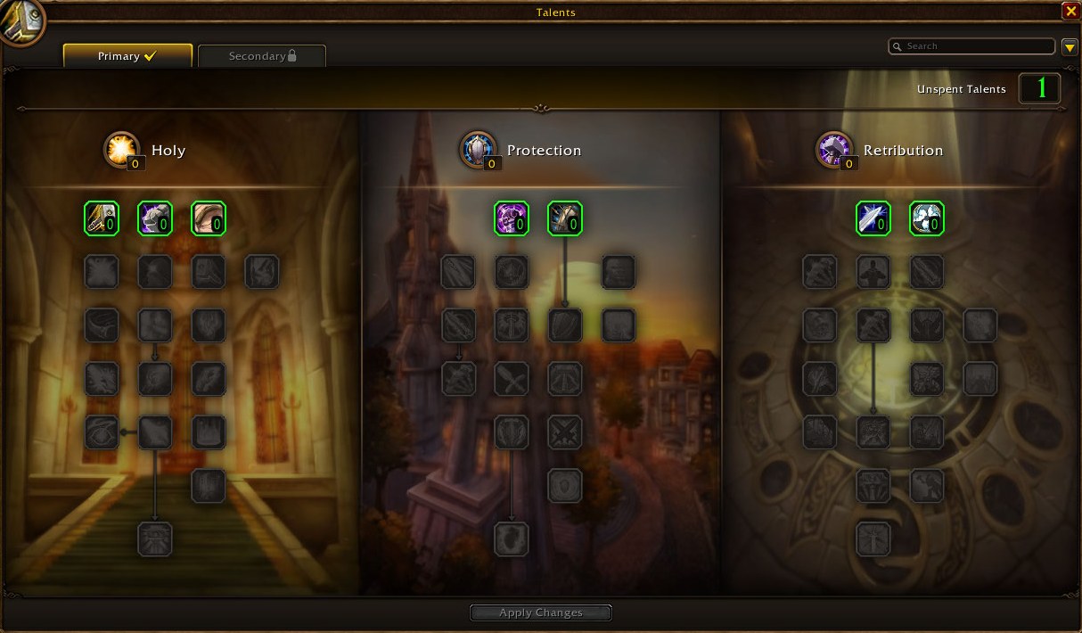 The WoW Forever talent window showing the Holy, Protection and Retribution paladin trees with a Primary and a locked Secondary tab