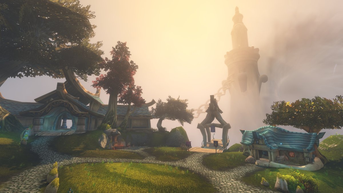 A Skyborne village on Zephras Isle with blue-roofed houses, red-leafed trees and a tall tower in the mist