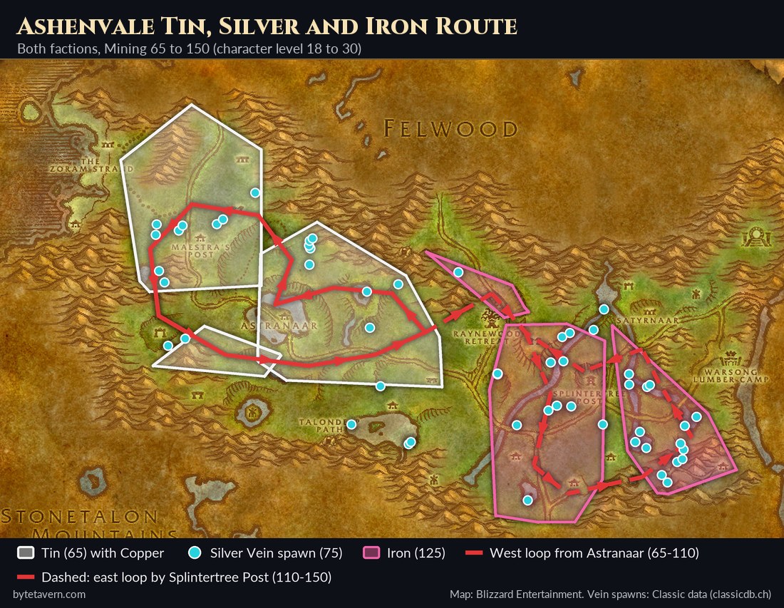 WoW Forever mining route map of Ashenvale for skill 65 to 150, with Tin and Copper areas in the west, Silver Vein spawns and Iron areas in the east around Splintertree Post