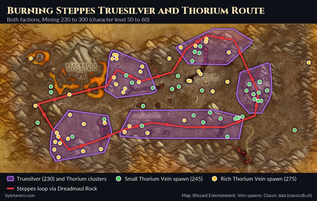 WoW Forever mining route map of the Burning Steppes for skill 230 to 300, with Truesilver and Thorium clusters, Small and Rich Thorium Vein spawn points and a loop via Dreadmaul Rock