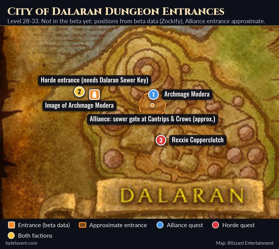 Dalaran on the Alterac Mountains map with both dungeon entrances and quest givers