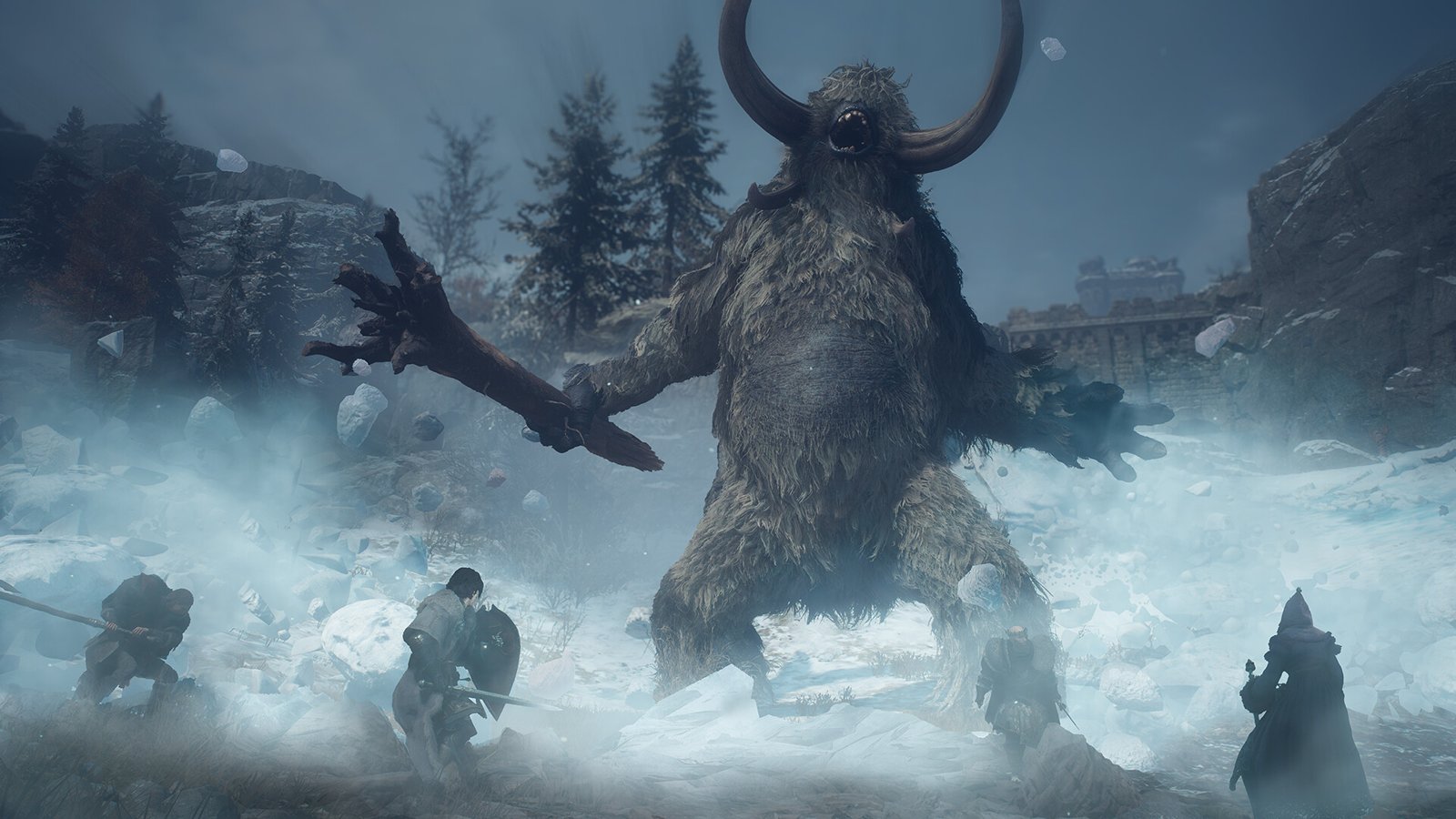 A party of Arisen fighting a horned, fur-covered giant in a snowstorm in Norgan, Dragon's Dogma 2: Dark Arisen