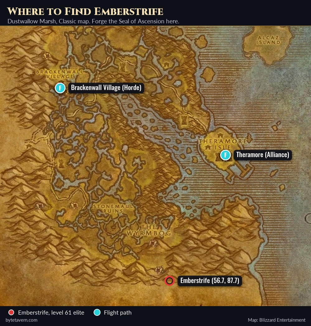 Classic map of Dustwallow Marsh showing Emberstrife's location at 56.7, 87.7 south of the Wyrmbog, with the Theramore and Brackenwall Village flight paths