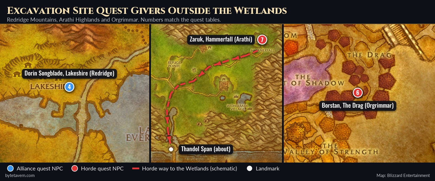Maps of Lakeshire in Redridge with Dorin Songblade, Hammerfall in the Arathi Highlands with Zaruk and the way to Thandol Span, and the Drag in Orgrimmar with Borstan
