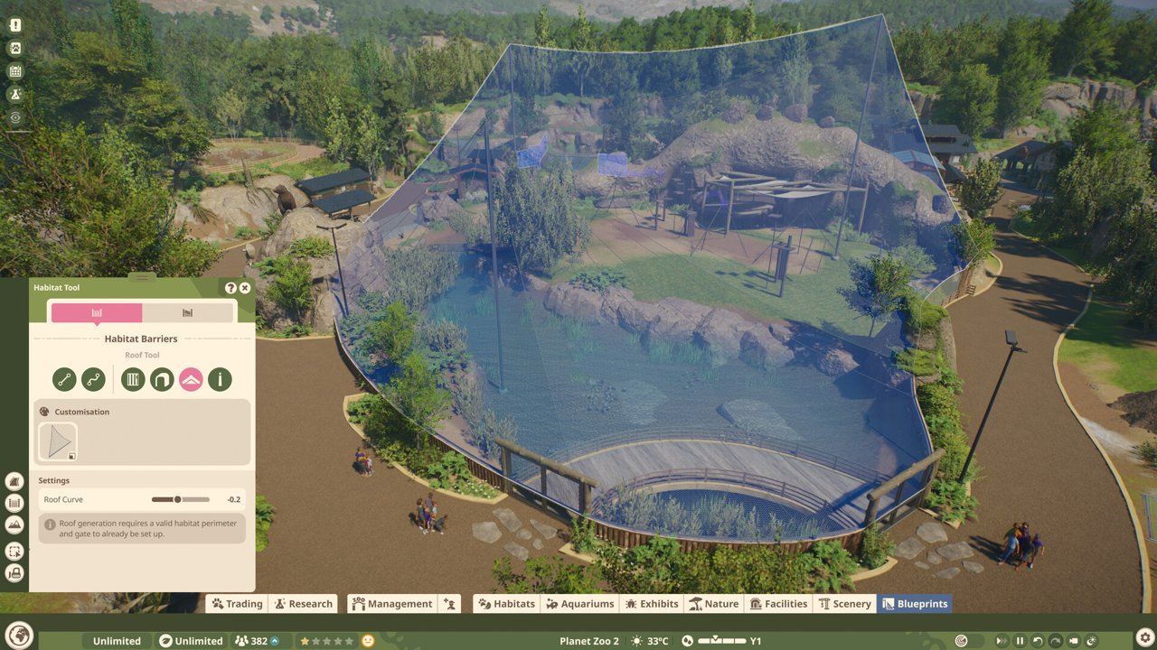 Planet Zoo 2 screenshot of a large mesh-covered aviary being built with the habitat barrier tool