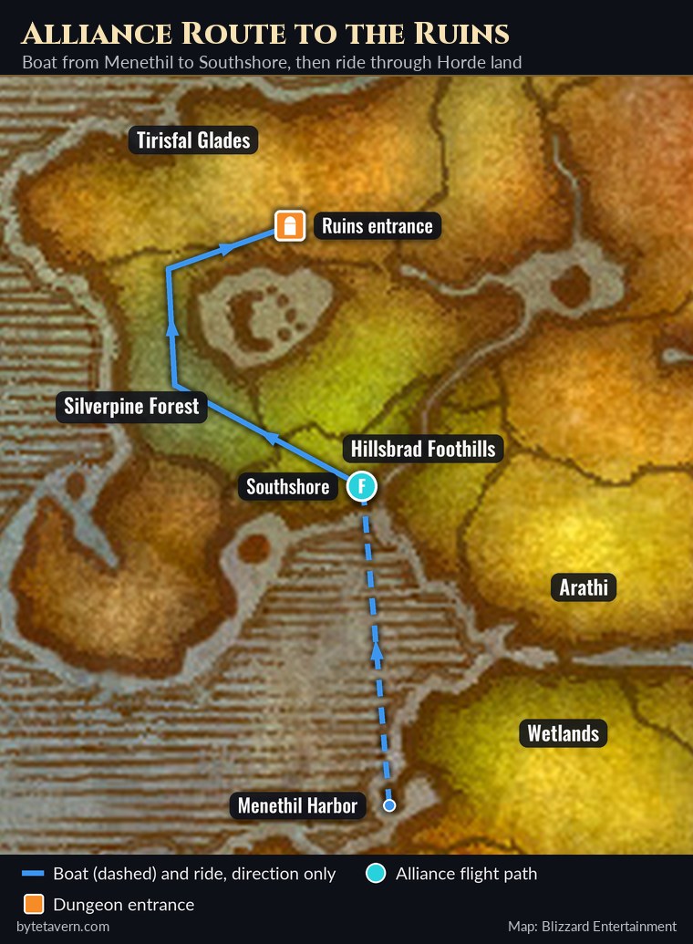 Eastern Kingdoms map with the Alliance route from Menethil Harbor by boat to Southshore, then through Silverpine Forest and Tirisfal Glades to the Ruins of Lordaeron