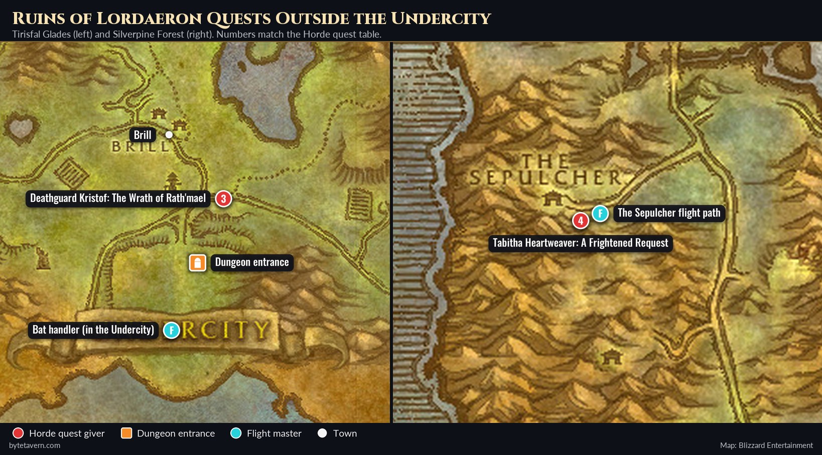 Tirisfal Glades and Silverpine Forest maps with Deathguard Kristof south-east of Brill, the Ruins of Lordaeron entrance and Tabitha Heartweaver at the Sepulcher