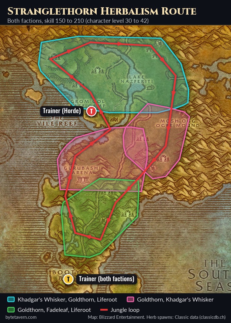 WoW Forever herbalism route map of Stranglethorn Vale for skill 150 to 210, with Khadgar's Whisker, Goldthorn, Liferoot and Fadeleaf areas, a jungle loop and the Grom'gol and Booty Bay trainers