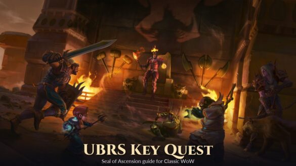Blizzard art of adventurers fighting in a Blackrock hall in front of a throne, with a dragon's shadow on the wall, and the title UBRS Key Quest