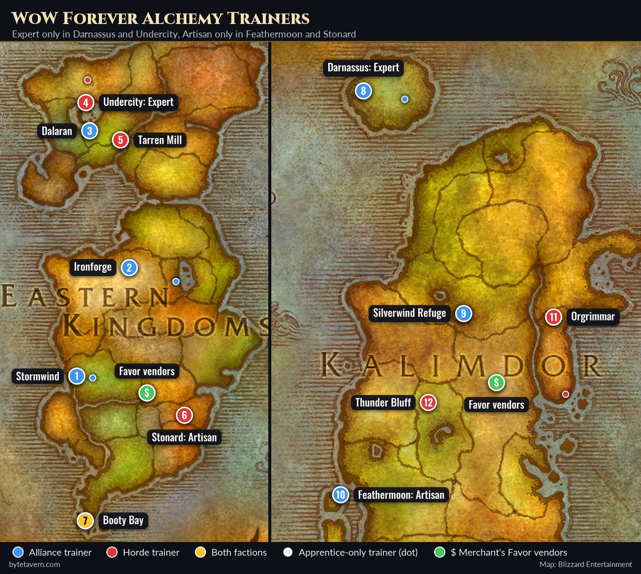 WoW Forever alchemy trainer map of the Eastern Kingdoms and Kalimdor with numbered Alliance, Horde and neutral trainers, the Expert trainers in Darnassus and Undercity, the Artisan trainers in Feathermoon and Stonard, and the Merchant's Favor camps
