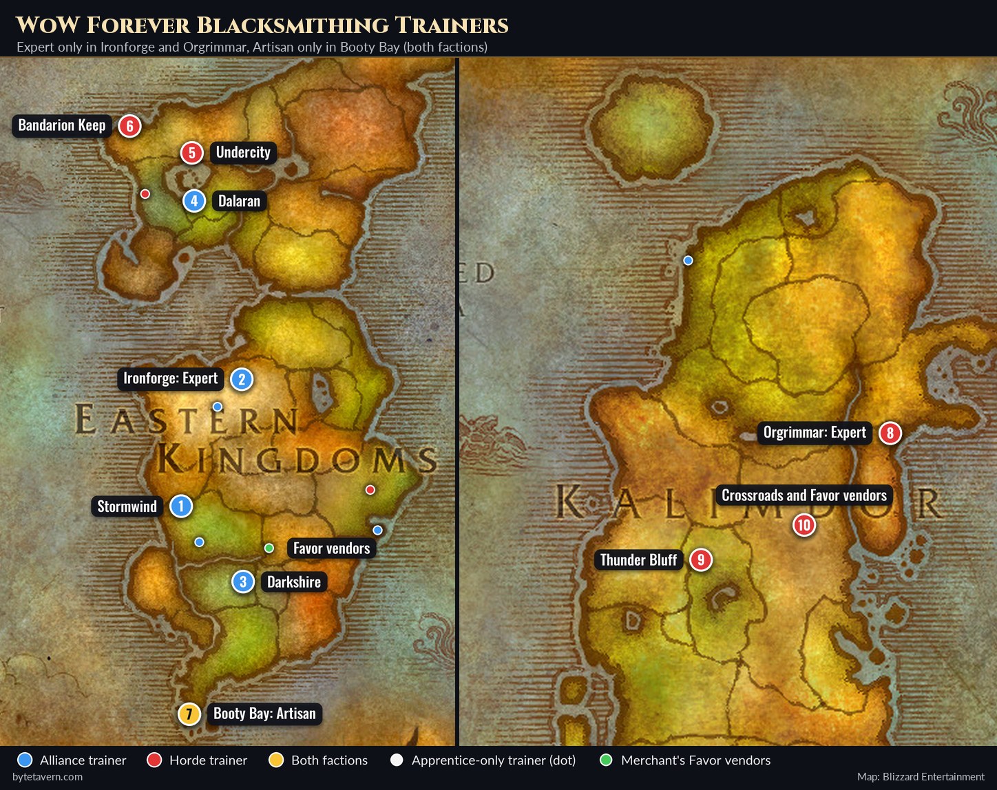 WoW Forever blacksmithing trainer map of the Eastern Kingdoms and Kalimdor with numbered Alliance and Horde trainers, the Expert trainers in Ironforge and Orgrimmar, the Artisan trainer in Booty Bay and the Merchant's Favor camps