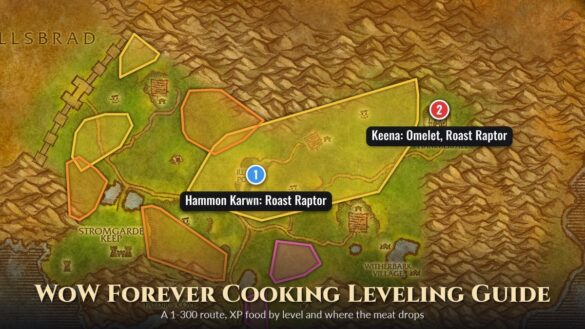 Arathi Highlands map with raptor spawn areas and the cooking recipe vendors at Refuge Pointe and Hammerfall, with the title WoW Forever Cooking Leveling Guide