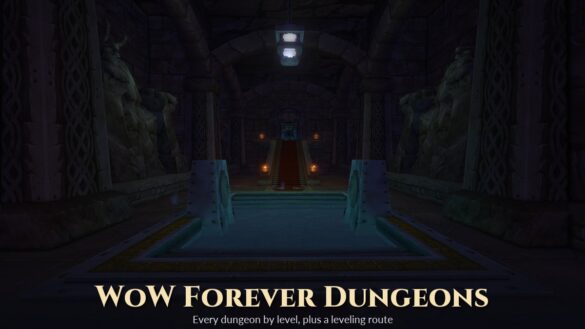 Dark dwarven stone hall with statues and a red-carpeted stair from Blizzard's WoW Forever dungeon preview, with the title WoW Forever Dungeons