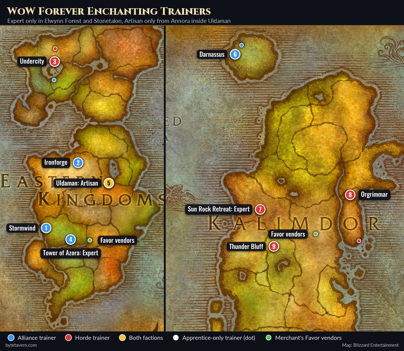 WoW Forever enchanting trainer map of the Eastern Kingdoms and Kalimdor with numbered Alliance and Horde trainers, the Expert trainers in the Tower of Azora and at Sun Rock Retreat, the Artisan trainer in Uldaman and the Merchant's Favor camps