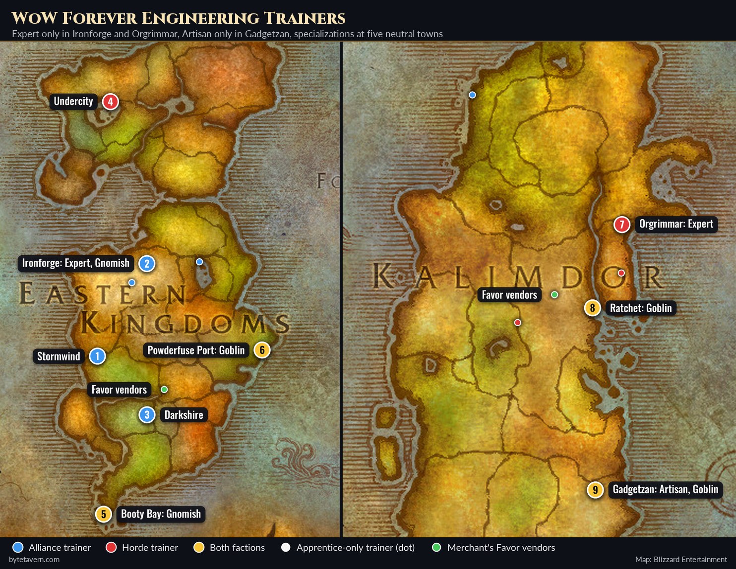WoW Forever engineering trainer map of the Eastern Kingdoms and Kalimdor with the Expert trainers in Ironforge and Orgrimmar, the Artisan trainer in Gadgetzan and the Goblin and Gnomish specialization trainers