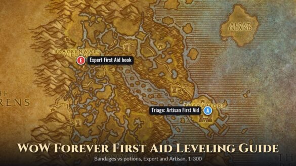 Dustwallow Marsh map with Brackenwall Village, where Horde buy the Expert First Aid book, and Theramore, where Alliance take the Triage quest, under the title WoW Forever First Aid Leveling Guide