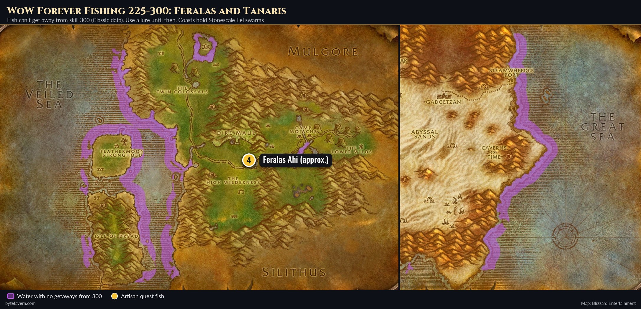 WoW Forever fishing map for skill 225 to 300: the Feralas coast around Feathermoon Stronghold, its rivers and lakes, the Feralas Ahi spot, and the Tanaris coast