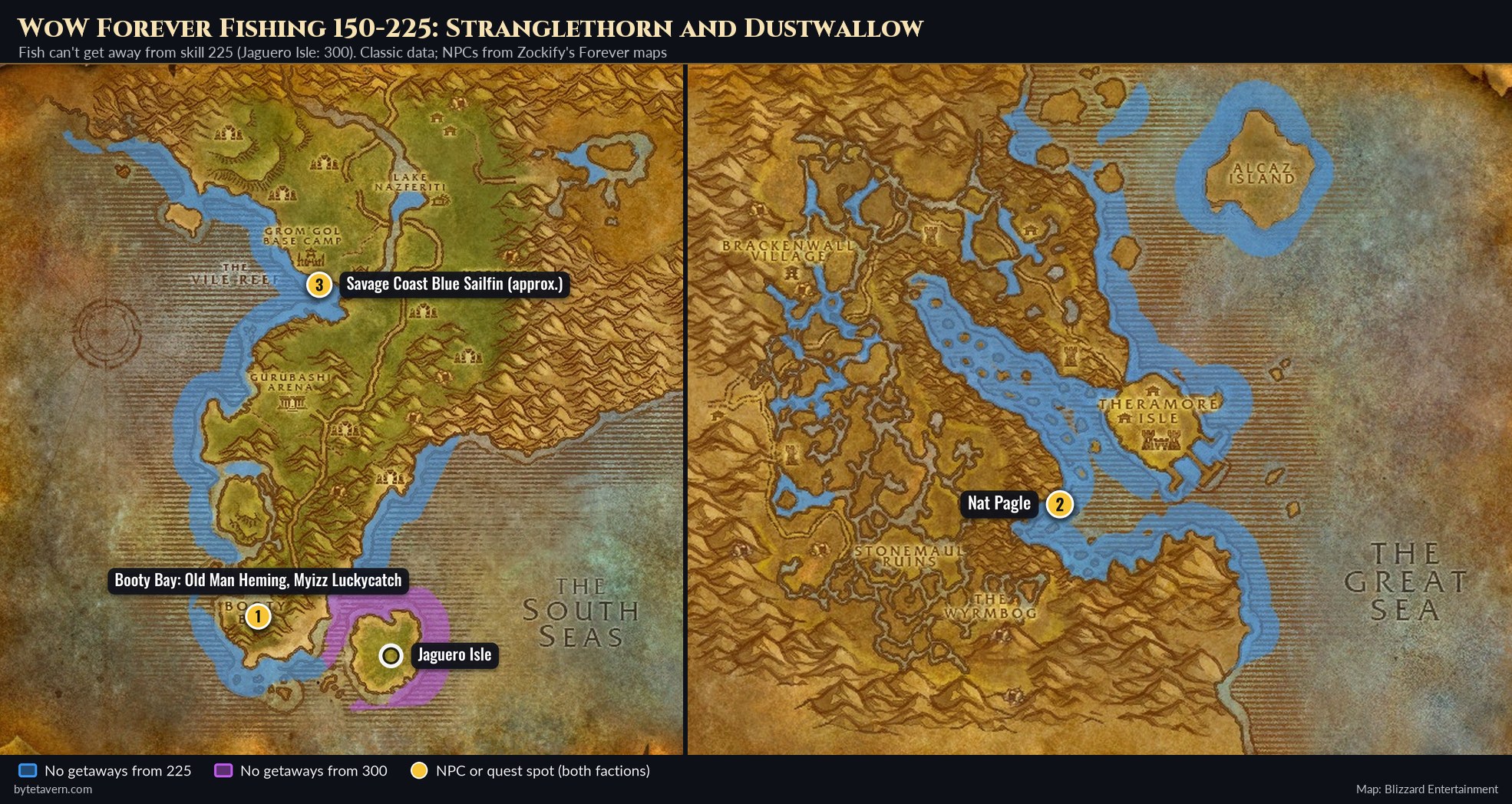 WoW Forever fishing map for skill 150 to 225: Stranglethorn Vale coast and rivers with Booty Bay, the Savage Coast quest spot and Jaguero Isle, and Dustwallow Marsh with Nat Pagle
