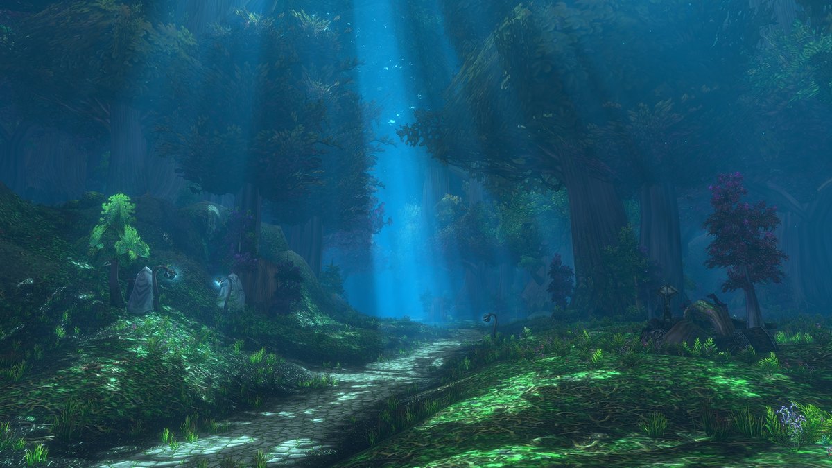 A mossy forest path with glowing lanterns and a shaft of blue light, showing the updated lighting in WoW Forever