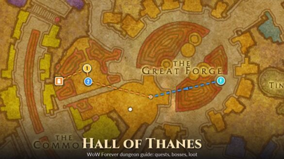 Ironforge map with the Hall of Thanes portal, quest givers and the way down from the High Seat, titled Hall of Thanes