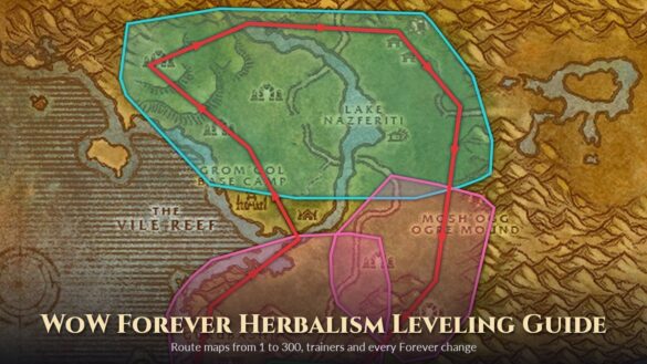 Stranglethorn Vale map with a red herbalism route through shaded herb areas, with the title WoW Forever Herbalism Leveling Guide