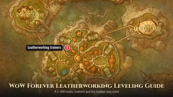 Thunder Bluff city map with the leatherworking trainers marked, with the title WoW Forever Leatherworking Leveling Guide