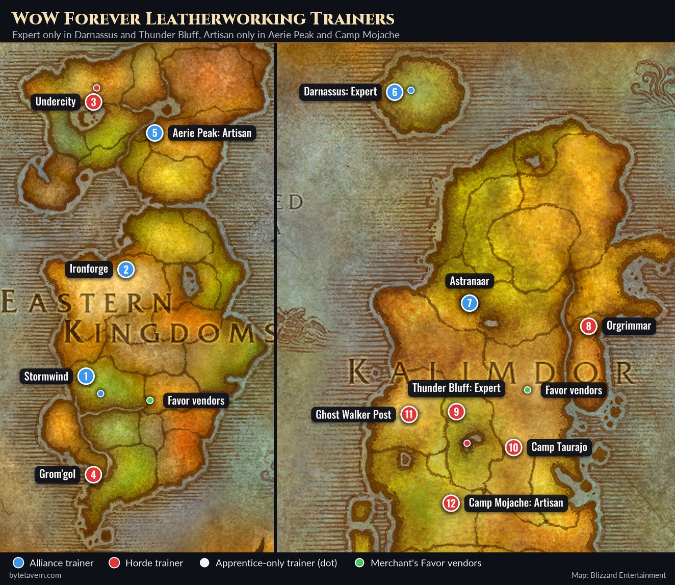 WoW Forever leatherworking trainer map of the Eastern Kingdoms and Kalimdor with numbered Alliance and Horde trainers, the Expert trainers in Darnassus and Thunder Bluff, the Artisan trainers in Aerie Peak and Camp Mojache, and the Merchant's Favor camps