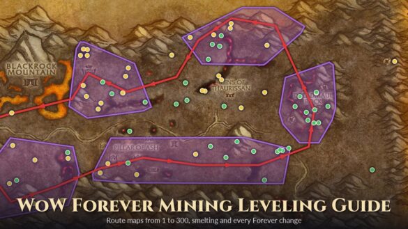 Burning Steppes map with a red mining route through Truesilver and Thorium vein areas, with the title WoW Forever Mining Leveling Guide