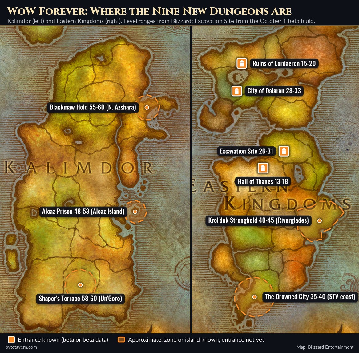 Map of Kalimdor and the Eastern Kingdoms marking all nine new WoW Forever dungeons with level ranges